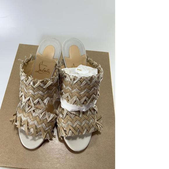 Meroine 85mm raffia Tan Woven fringe heels mules D984 - Picture 9 of 11